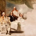 Vrede van Parijs van 1783. John Jay, John Adams, Benjamin Franklin, Henry Laurens en William Temple Franklin op een schilderij door Benjamin West.