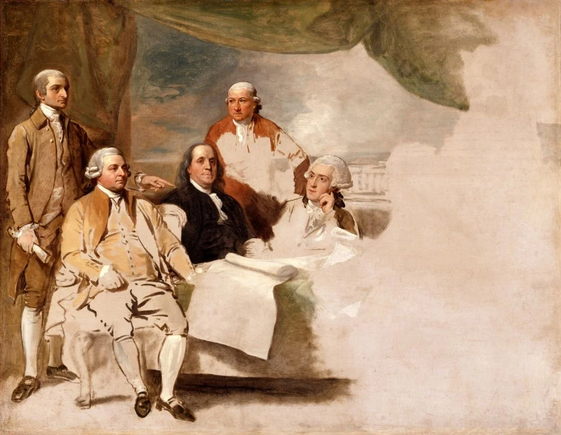 Vrede van Parijs van 1783. John Jay, John Adams, Benjamin Franklin, Henry Laurens en William Temple Franklin op een schilderij door Benjamin West.