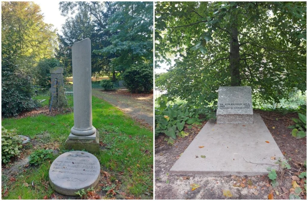 Links: Gebroken zuil, symbool van een te vroeg beëindigd leven. |  Rechts: Grafmonument van architect Gerrit Rietveld