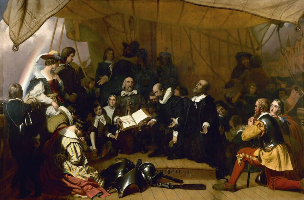 Pelgrims John Carver, William Bradford en Miles Standish bidden tijdens hun reis naar Noord-Amerika. Schilderij uit 1844 van Robert Walter Weir. 