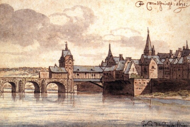 Drie stenen bogen en houten brugdeel van de Maasbrug (Sint-Servaasbrug), 1671