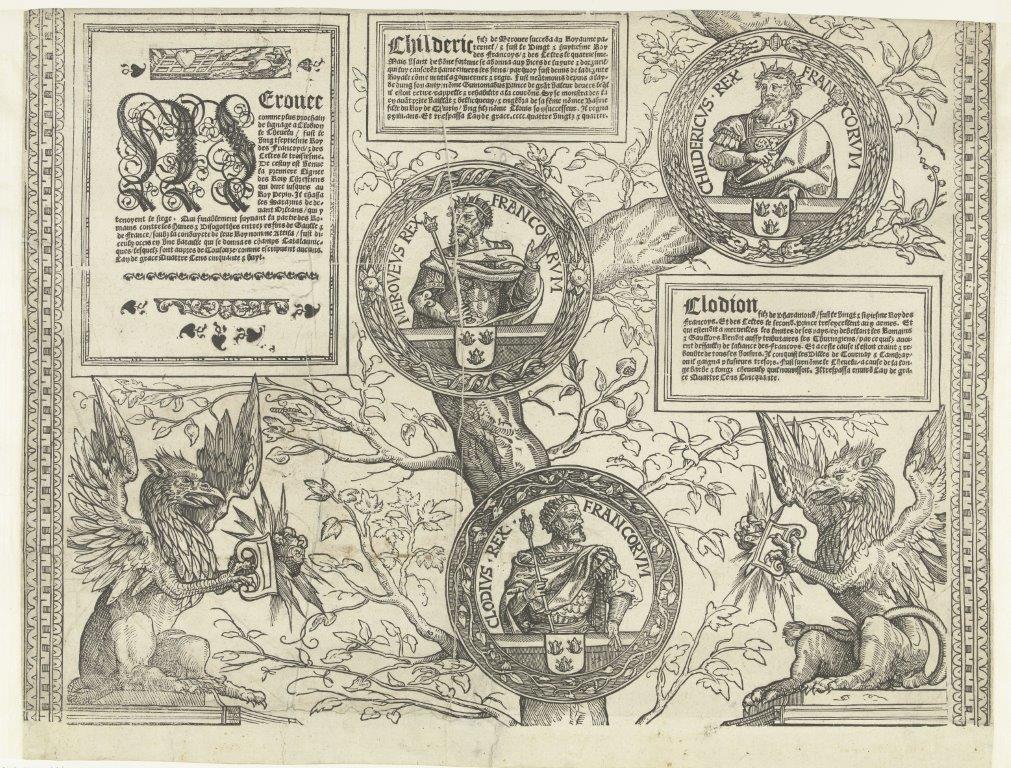 De Merovingische stamvaders Chlodio, Merovech en Childerik in een stamboom van de Habsburgers. Prent van Robert Péril, Antwerpen 1533-1535, het eerste van twintig bladen.