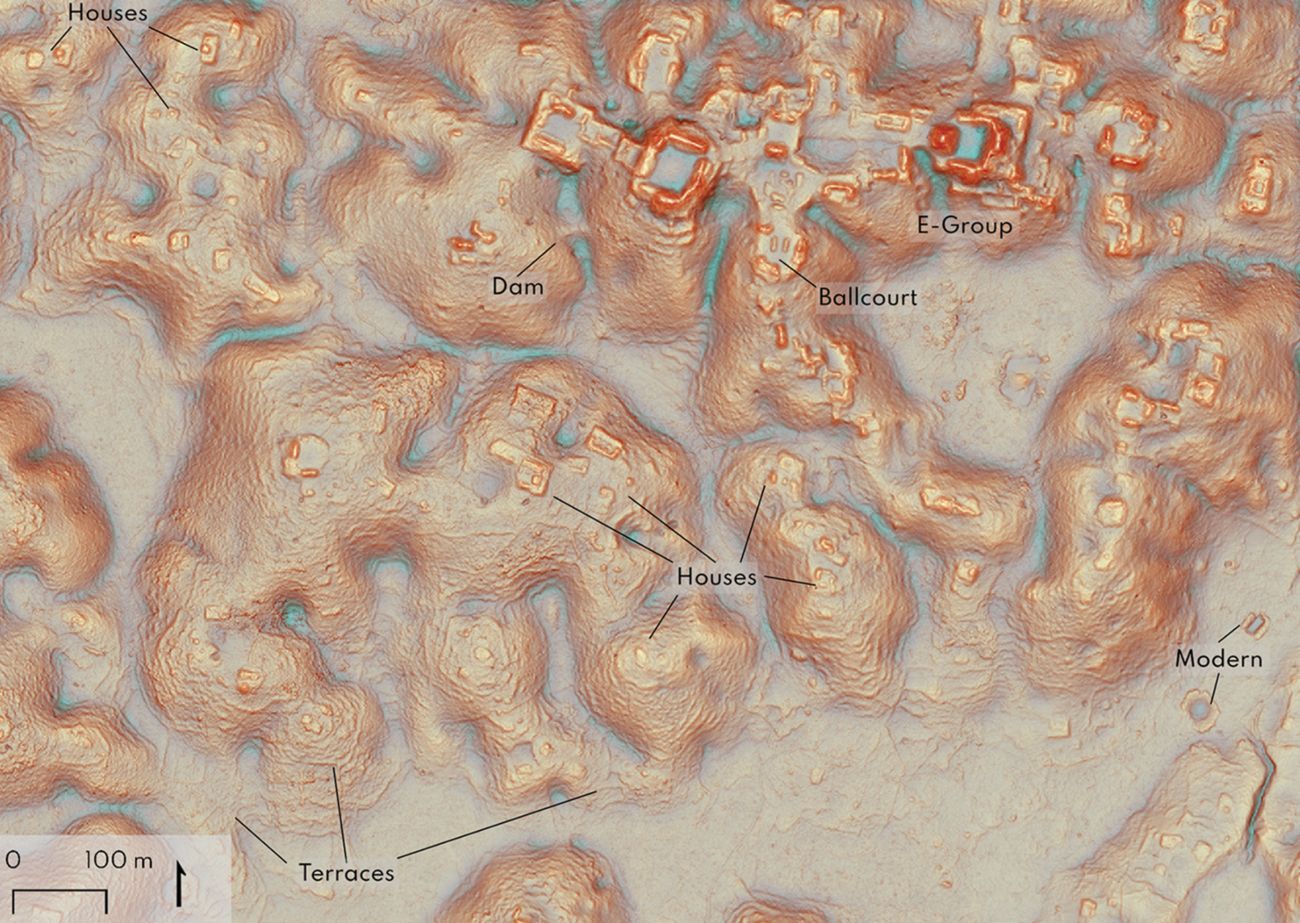 Enkele structuren die zijn ontdekt in de tot voor kort onbekende Maya-stad