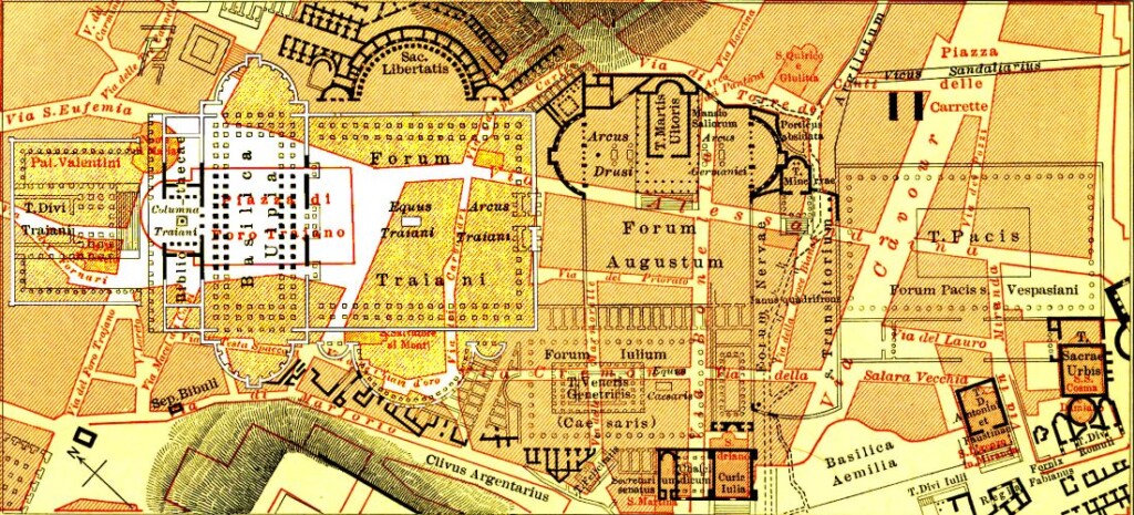 Plattegrond waarop onder meer de positie van het Forum van Trajanus is aangegeven