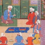 Meester Safi ad-din Ardabili omringd door zijn discipelen, zoals geïllustreerd in een 16e-eeuws Safawied-manuscript