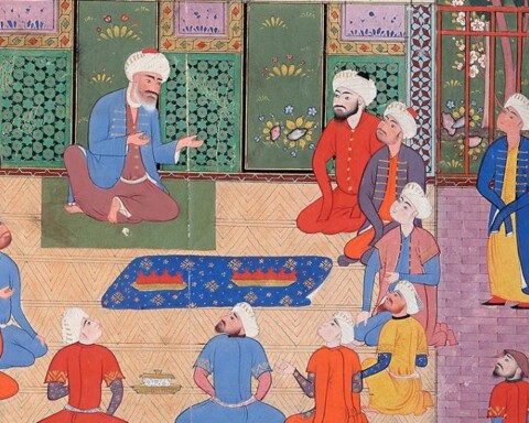 Meester Safi ad-din Ardabili omringd door zijn discipelen, zoals geïllustreerd in een 16e-eeuws Safawied-manuscript