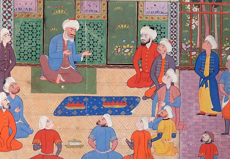 Meester Safi ad-din Ardabili omringd door zijn discipelen, zoals geïllustreerd in een 16e-eeuws Safawied-manuscript