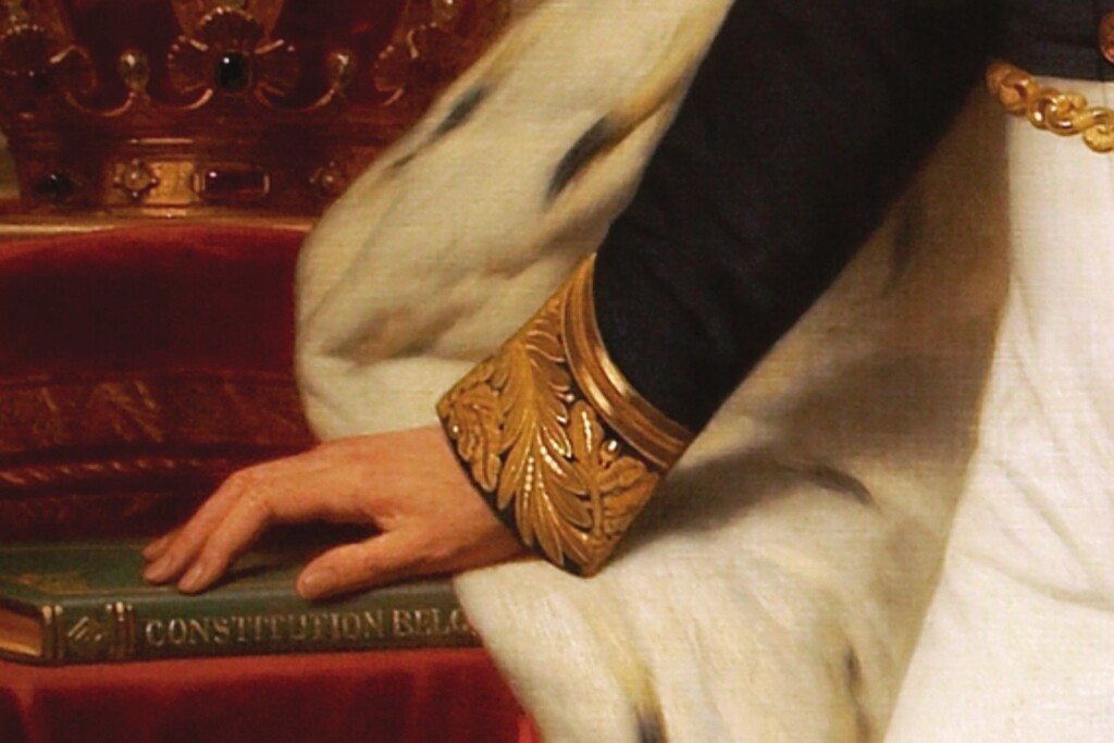 Detail van het staatsieportret van Koning Leopold I in de Belgische Senaat, met zijn hand op de Grondwet - Nicaise De Keyser