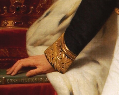 Detail van het staatsieportret van Koning Leopold I in de Belgische Senaat, met zijn hand op de Grondwet - Nicaise De Keyser