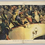 Wat cynische cartoon over de Haagse Vredesconferentie van 1907. Historische figuren als Hannibal, Attila de Hun, Alexander de Grote en Napoleon lachen hard om de vergaderende wereldleiders in Den Haag.