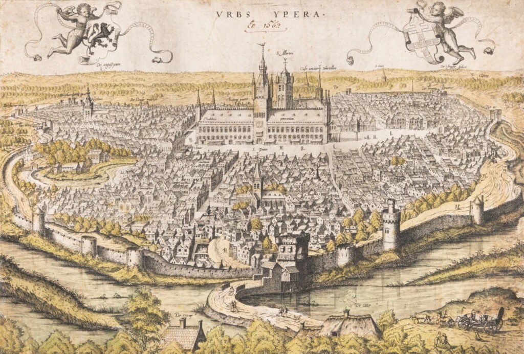 Kopergravure met een vogelperspectief van Ieper, gemaakt door Hiëronymus Cock in 1562