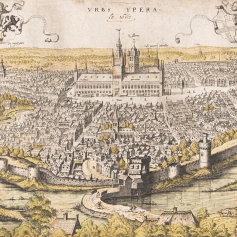 Kopergravure met een vogelperspectief van Ieper, gemaakt door Hiëronymus Cock in 1562