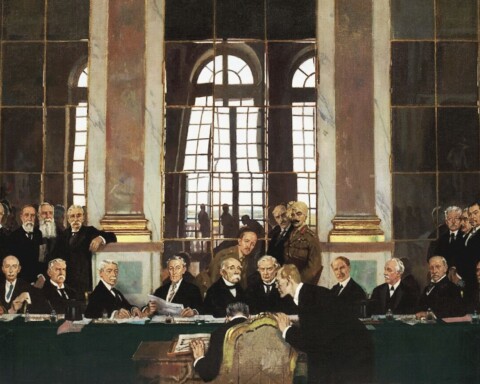 De ondertekening van het Vredesverdrag in de Spiegelzaal van Versailles