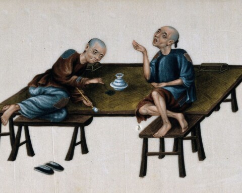 Twee arme Chinese opiumrokers, 19e eeuw. Gouache op rijstpapier.