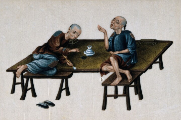 Twee arme Chinese opiumrokers, 19e eeuw. Gouache op rijstpapier.