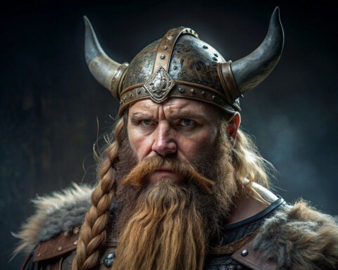 Ouderwets beeld van een een Viking met een helm met horens