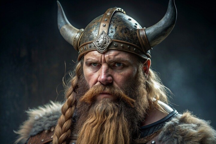 Ouderwets beeld van een een Viking met een helm met horens