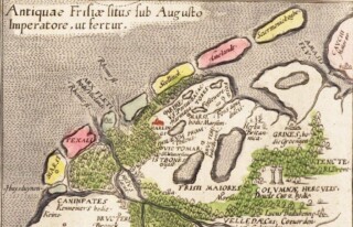 Friesland in de Romeinse tijd, deel van een bijkaartje van ‘Frisia Occidentalis’ van Abraham Ortelius (1579).