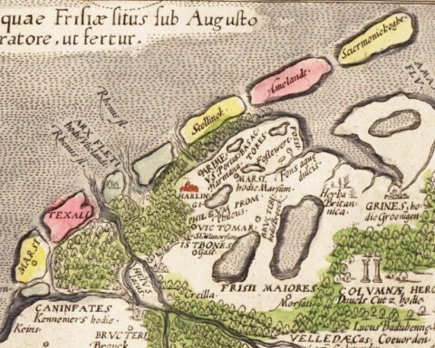 Friesland in de Romeinse tijd, deel van een bijkaartje van ‘Frisia Occidentalis’ van Abraham Ortelius (1579).