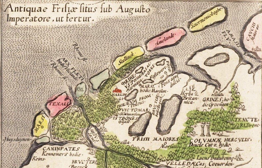 Friesland in de Romeinse tijd, deel van een bijkaartje van ‘Frisia Occidentalis’ van Abraham Ortelius (1579).