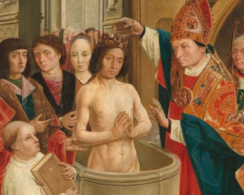 De doop van Clovis - Schilderij uit ca. 1500 van de 'Meester van Sint Gilles'