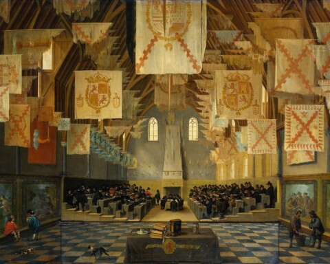 De grote zaal op het Binnenhof, Den Haag, tijdens de Grote Vergadering der Staten Generaal in 1651, toegeschreven aan Bartholomeus van Bassen en Anthonie Palamedes