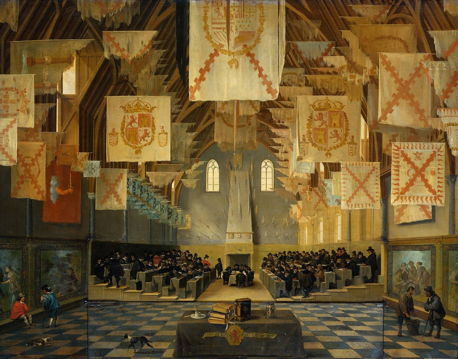 De grote zaal op het Binnenhof, Den Haag, tijdens de Grote Vergadering der Staten Generaal in 1651, toegeschreven aan Bartholomeus van Bassen en Anthonie Palamedes