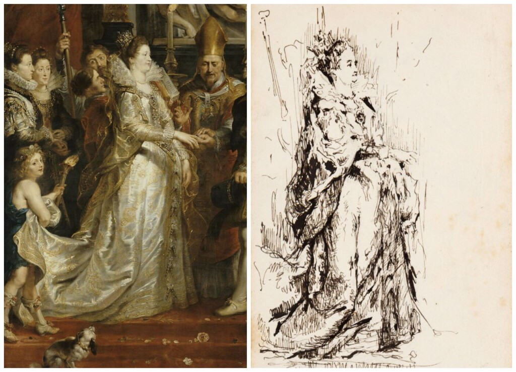 Links het schilderij 'Het huwelijk van Maria de' Medici' van Peter Paul Rubens en rechts een schets van Fernand Khnopff 