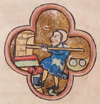 Een bakker bakt brood in een oven. Miniatuur uit een dertiende-eeuws psalter,