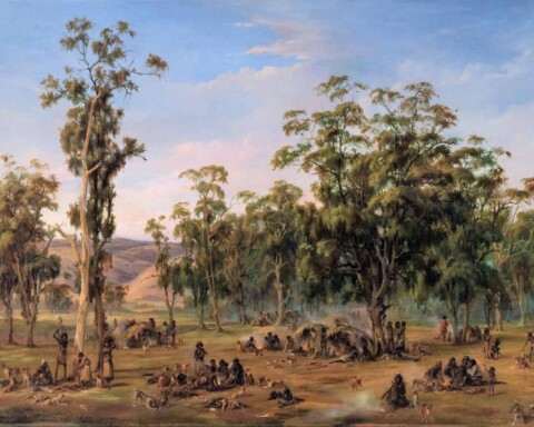 Een Aboriginal-kampement op een schilderij uit 1854 van Alexander Schramm.