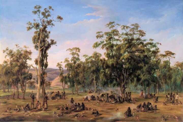 Een Aboriginal-kampement op een schilderij uit 1854 van Alexander Schramm.