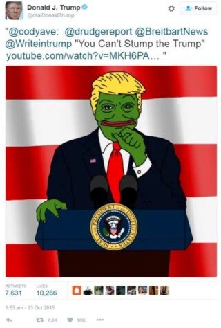 Donald Trump herplaatste eind 2015 op Twitter een cartoon waarop hijzelf was afgebeeld als Pepe