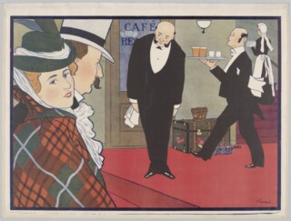 Bezoekers van een fictief café-restaurant, twee kelners en een dienstbode op een affiche voor de tentoonstelling van ‘Hotel-, Café- en Restaurant-benoodigdheden’ in 1900. Affiche Johann Georg van Caspel, ca. 1900.