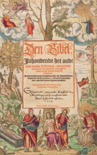 Met de hand ingekleurde titelpagina van de Leuvense bijbel