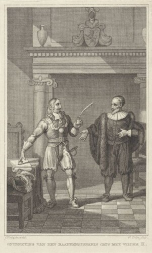 Ontmoeting van raadpensionaris Cats met prins Willem II. Gravure van Philippus Velĳn, naar een tekening van Jacob Smies, 1828. (Rĳksmuseum Amsterdam)