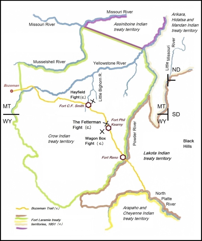 Belangrijkste locaties van veldslagen tijdens de Oorlog van Red Cloud, 1866-1868