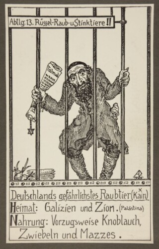 Duitse antisemitische propagandaprent uit omstreeks 1926 met een stereotype Jood in een kooi in een dierentuin.