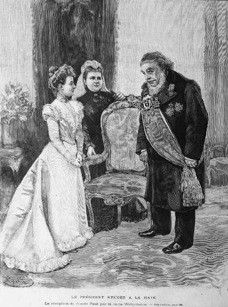 Tekening van de ontvangst van Paul Kruger door koningin Wilhelmina en koningin-moeder Emma.
