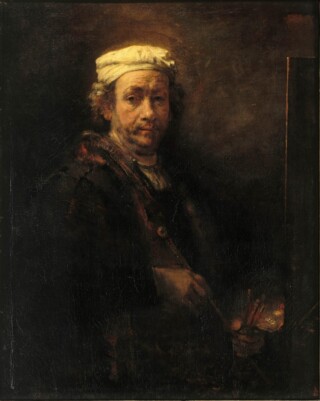 Zelfportret aan de ezel met schilderstok, olieverf op doek – Rembrandt, 1660 