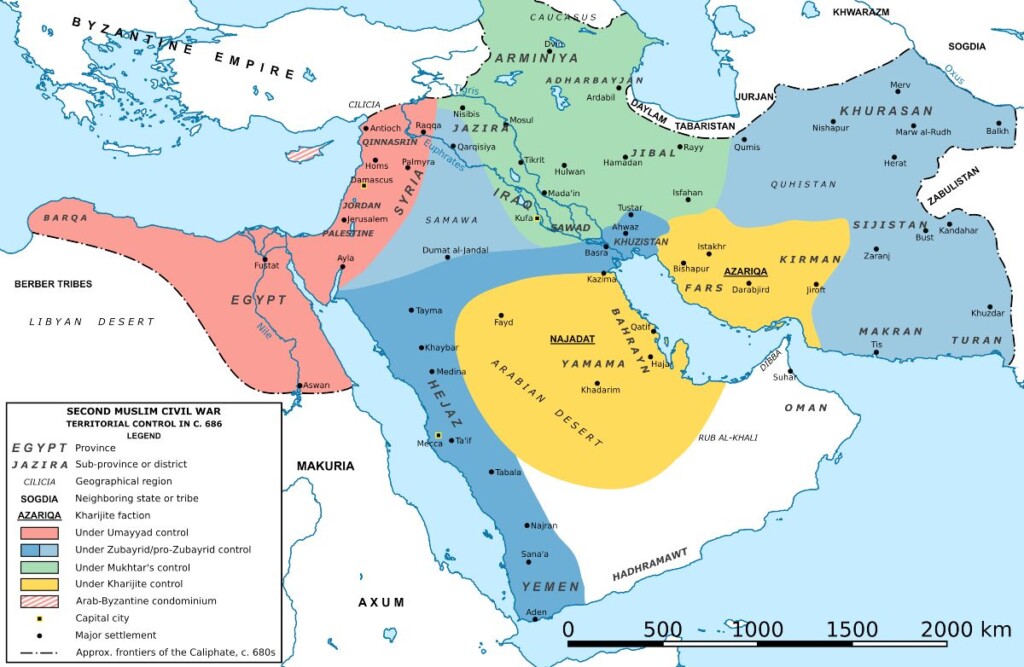 Kaart van het kalifaat tijdens de tweede fitna (680–692)