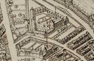 Het Agnietenconvent (nr. 21) en het Magdalenaconvent (22) in Gouda. Kaart van Frans Hogenberg, 1585