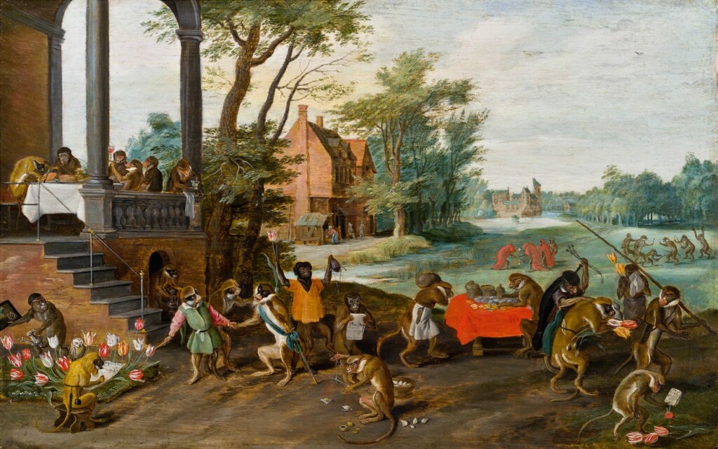 ‘Allegorie op de Tulpomania’. Persiflage op de Tulpenmanie door Jan Brueghel de Jonge