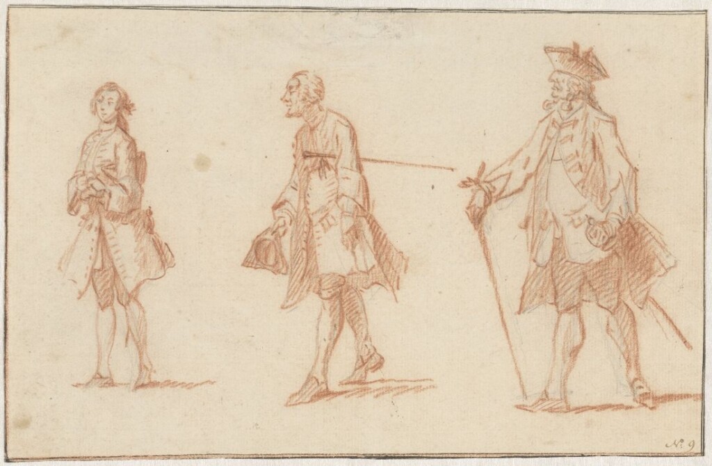 Drie mannelijke figuren, twee met stok en steek - Cornelis Troost, ca. 1706-1750