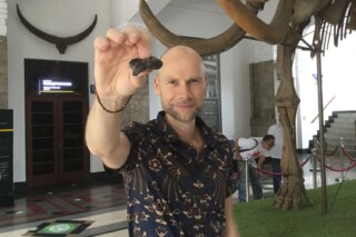 Harold Berghuis in het Geologisch Museum in Bandung met een van de door hem gevonden schedelfragmenten van Homo erectus.