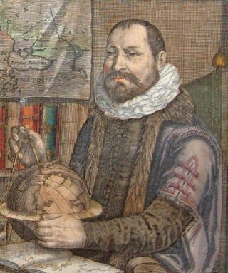 Jodocus Hondius met een van zijn beroemde globes