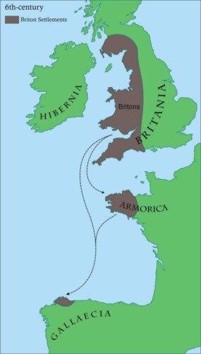 Britse migraties naar Wales, Cornwall, Bretagne en Galicië in de zesde eeuw.Britse migraties naar Wales, Cornwall, Bretagne en Galicië in de zesde eeuw.