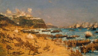 Australische en Nieuw-Zeelandse troepen landen bij Anzac Cove, 25 april 1915. Schilderij van Charles Dixon.