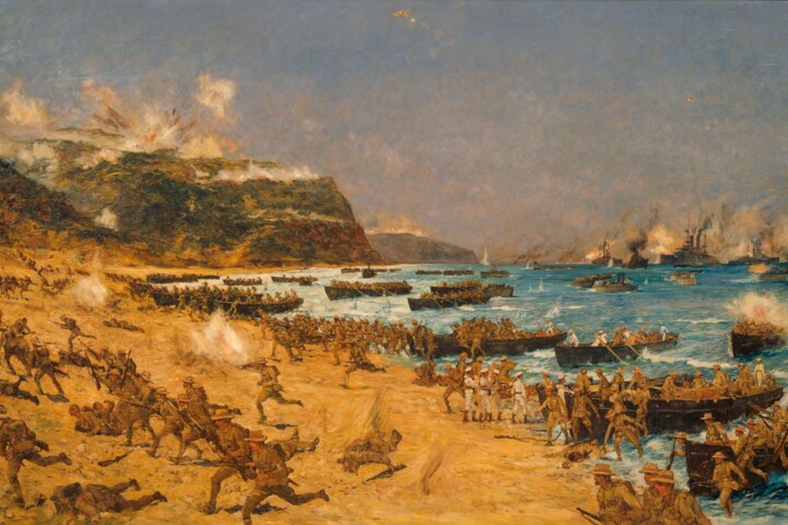 Australische en Nieuw-Zeelandse troepen landen bij Anzac Cove, 25 april 1915. Schilderij van Charles Dixon.