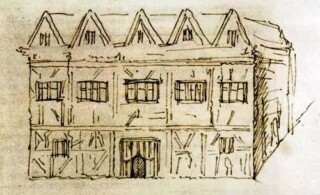 Schets van New Place, Shakespeares woning, getekend door George Vertue in 1737 op basis van beschrijvingen uit die tijd