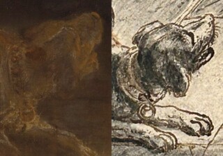 Vergelijking van de hond op de Nachtwacht en de tekening van Adriaen van de Venne